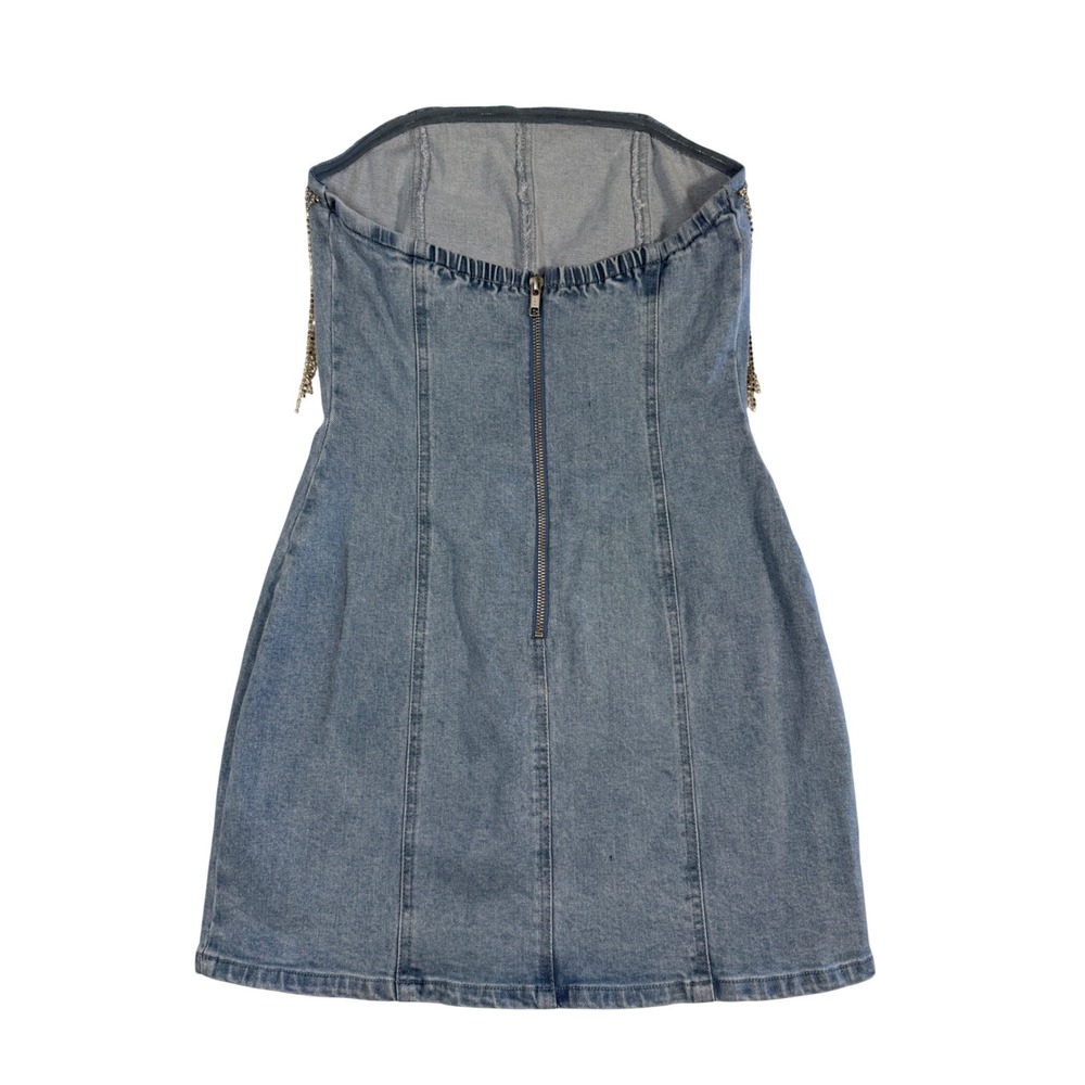 12th Tribe Rhinestone Fringe Denim Mini Dress Light Wash Strapless Blue Small - Picture 3 of 8
